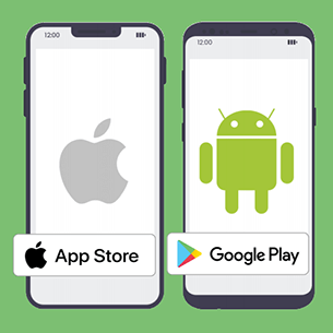 An iOS device with an App Store banner and an Android device with a Google Play banner.