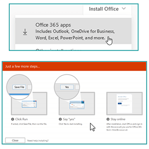 The Install Office dropdown options displaying the Office 365 apps and the on-screen instructions screen.