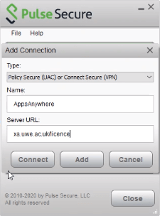 An image of the Add Connection screen within Pulse Secure.