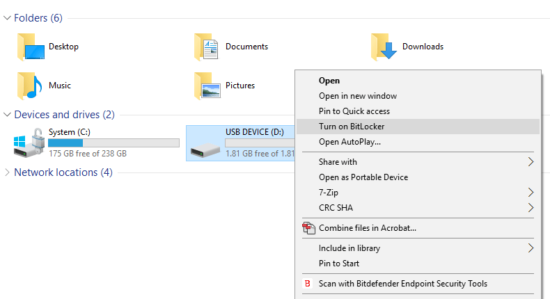 Screenshot of pop-up window with 'Turn on BitLocker' highlighted.