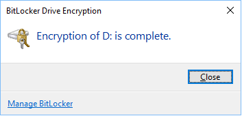 Screenshot of BitLocker Drive Encryption window, with 'Encryption of D: is complete' displayed.