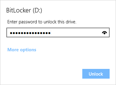 Screenshot of BitLocker window stating 'BitLocker (D:). Enter password to unlock this drive'.