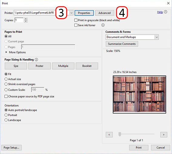 Print window with 'Printer' and 'Properties' button highlighted