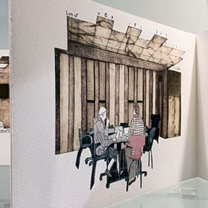 A collagraph print of people using the Library, created by 2022 artist in residence Clara von Eye.