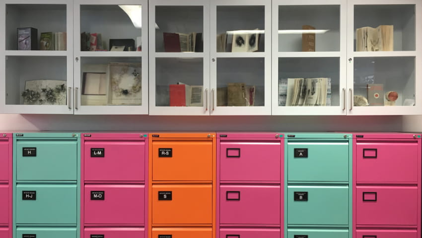 Special Collections filing cabinets and display cabinets in Bower Ashton Library.