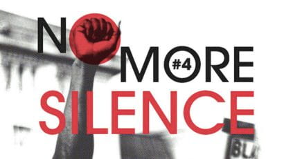 A closed fist pointing upwards with the words no more silence over the image.