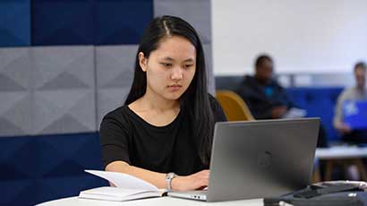 A student using a laptop to browse databases available from international partner institution.