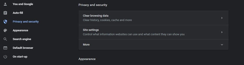 Privacy and security menu.