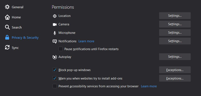 Firefox exceptions screen.