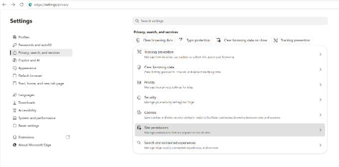 Select the 'Privacy, search, and services' tab, then select 'Site Permissions'