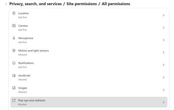 Click on 'Pop-ups and redirects'