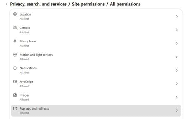 Click on 'Pop-ups and redirects'