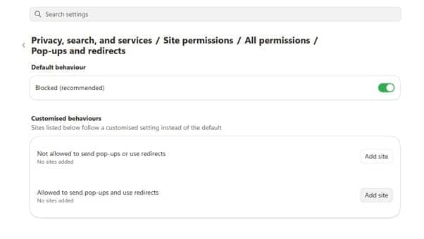 To enable pop-ups on all webpages, switch the 'Default behaviour' off