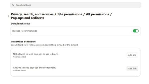 To enable pop-ups on all webpages, switch the 'Default behaviour' off