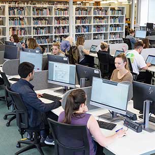 Students working at computers in Frenchay Library.