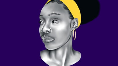 No More Silence Zine volume 1 art work of woman in black and white with a yellow head band