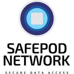 The SafePod Network logo containing a blue circular graphic and the words "Secure data access"