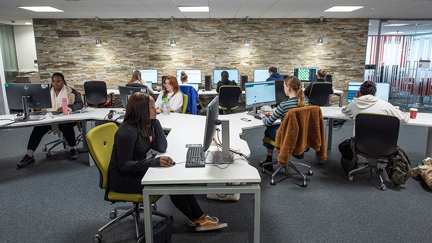 Students working in the Base, Frenchay Campus