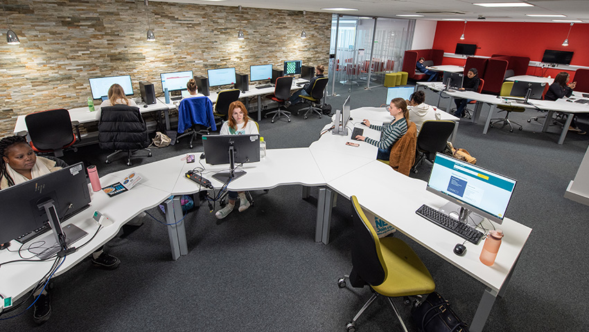 Students working in the Base, Frenchay Campus