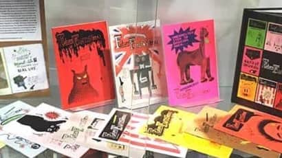 A collection of colourful zines on display in a cabinet.