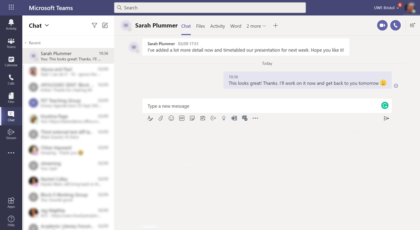 Example of a chat in Microsoft Teams.