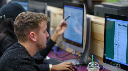 Students working on computers located on Frenchay Campus.
