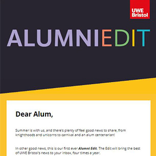 Header of the first Alumni Edit newsletter showing multicoloured words 'AlumniEdit' against a black background.