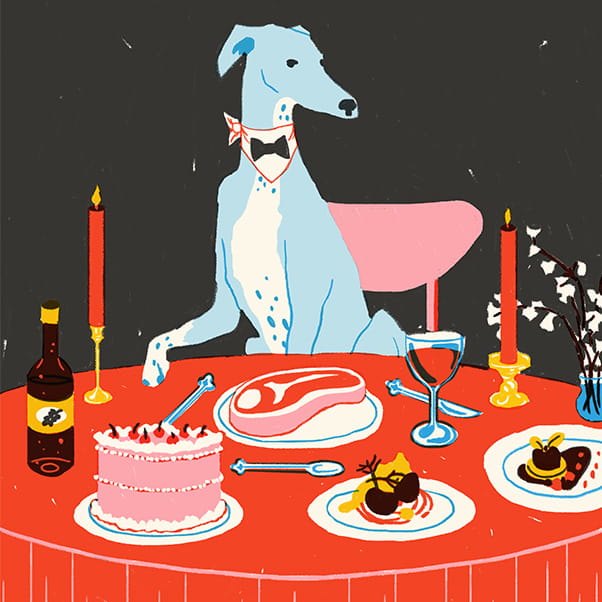 Illustration of a dog sitting at a table laid out for dinner with candlesticks and cake.