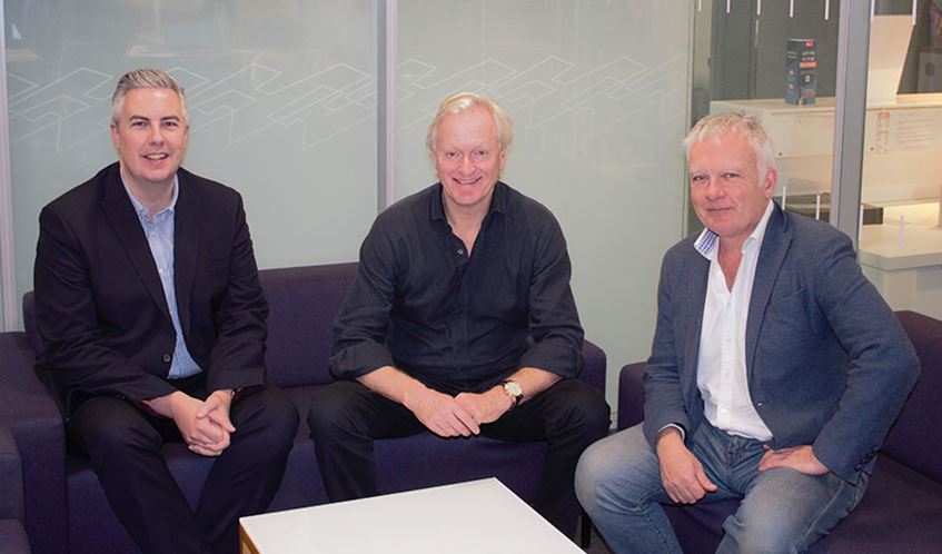 Members of the judging panel for the UWE Bristol Entrepreneurial Futures Awards (from left to right, seated around a small table): Dr Paul Bennett, Peter Fane and Mark Mason.