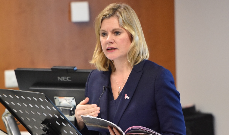 Former Secretary of State for Education, Rt Hon Justine Greening delivering a talk.